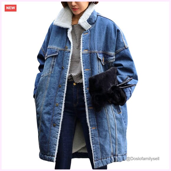 Long Sherpa Fleece Lined Denim Jacket Women's Trucker Coat Oversized